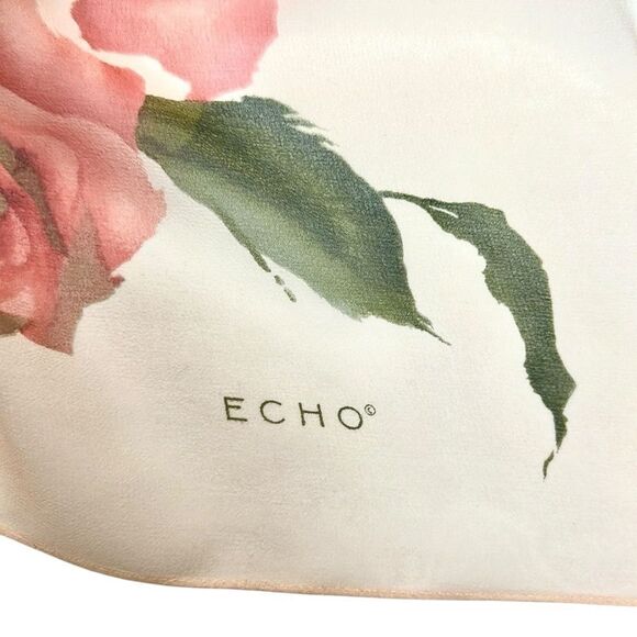 Echo Silk Chiffon Square Scarf Semi Sheer Peach Color Floral Roses - Picture 9 of 11